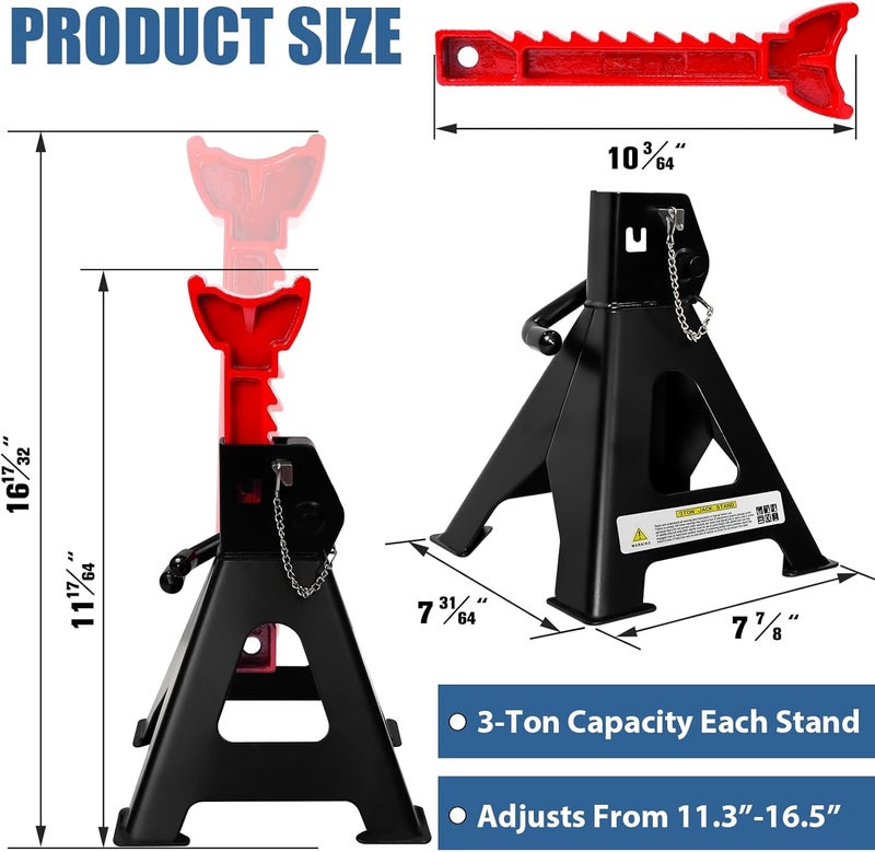 FITHOIST 3 Ton Jack Stands Heavy Duty (6,600 LBs Capacity), Car Jack Stand for Trucks with Double Pin Locking & Rubber Pads, 11.22"-16.54" Adjustable for Garage, Home, Vehicle Lifting, 1 Pair Black - Image 2